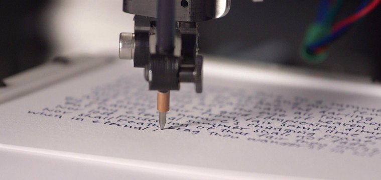 Plotter head holding an ordinary pen while writing running text on paper