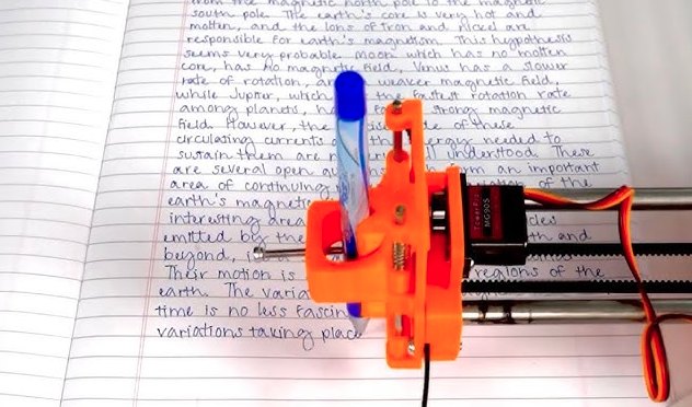 3D-printed head writing handwritten text on a ruled sheet