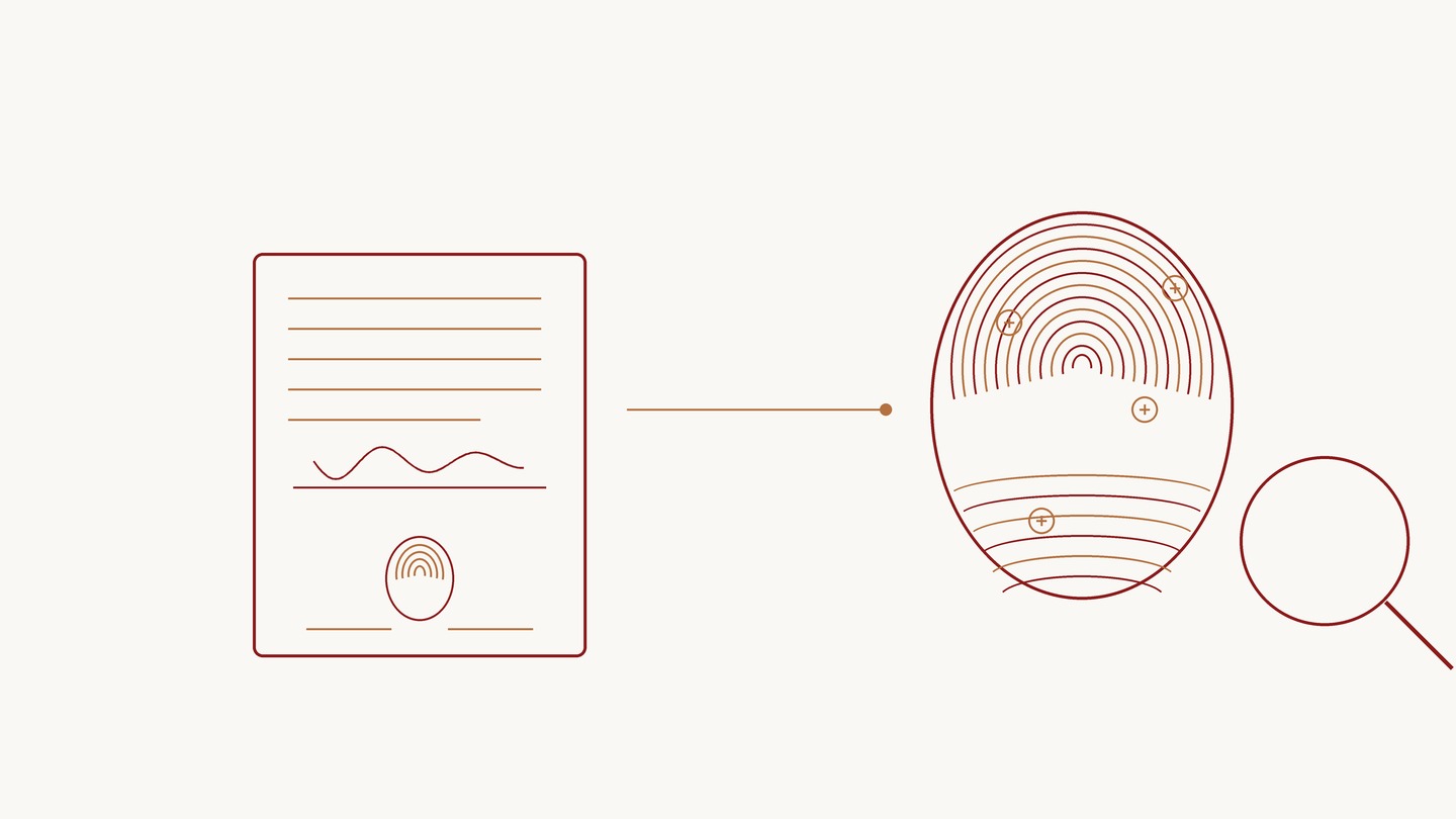 Fingerprint signature: the document with the initials of the person signing by request and the holder's fingerprint, and the fingerprint enlarged with minutiae under comparison