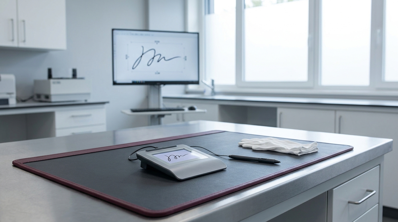 Signature capture tablet at the Doc Lab, with pen and the dynamics of the gesture under analysis on the monitor