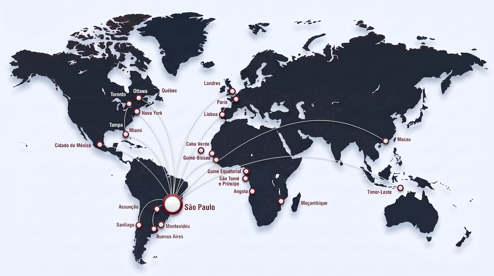 Mapa de actuación internacional de VALLIM Perícias: conexiones desde São Paulo con América Latina, América del Norte, Europa, África lusófona, Macao y Timor Oriental